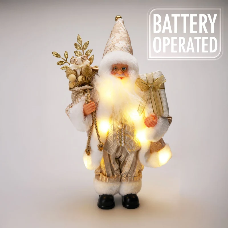 LED Gold Santa Claus | Light-up Christmas Standing Santa Figurine - 30cm