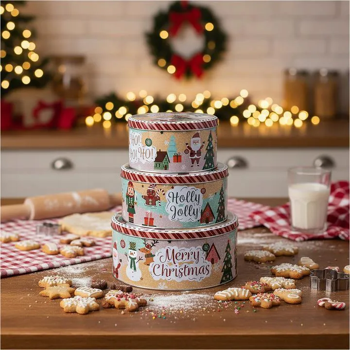 Set of 3 Christmas Storage Tins | 3-piece Triple Festive Round Nesting Tins