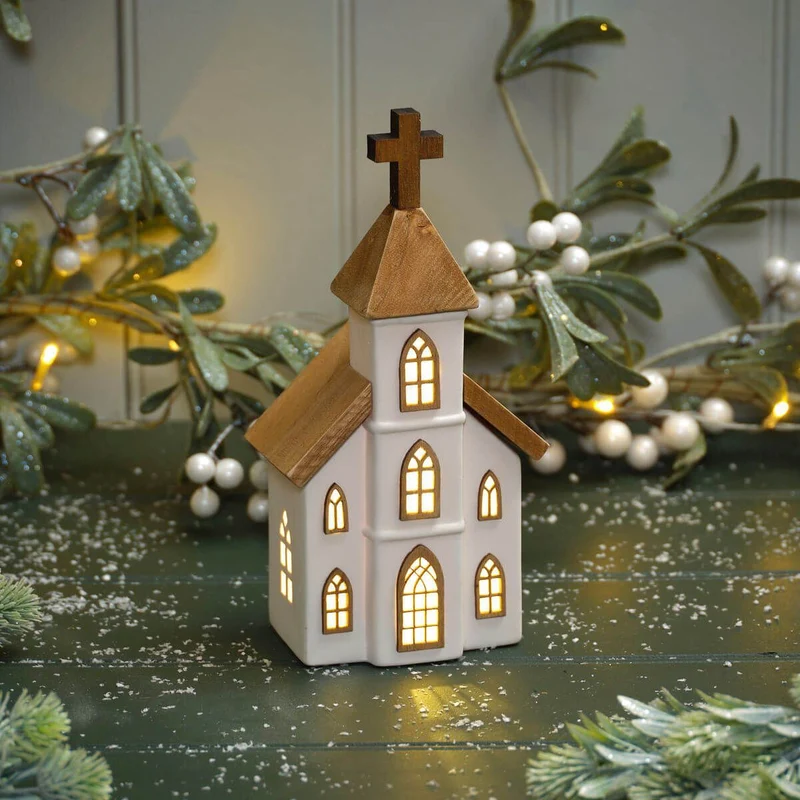 LED Ceramic Christmas Church | Light Up Ceramic & Wood Chapel Ornament - 23cm