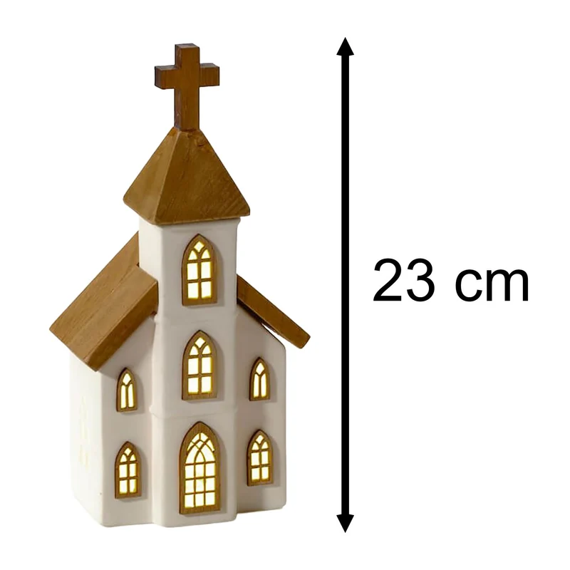 LED Ceramic Christmas Church | Light Up Ceramic & Wood Chapel Ornament - 23cm