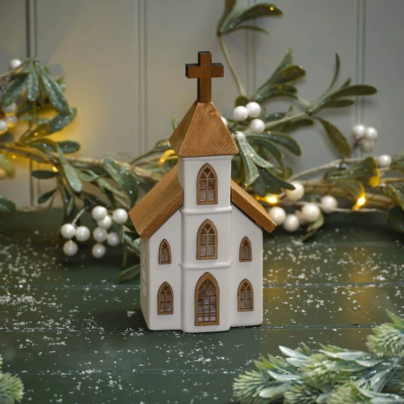 LED Ceramic Christmas Church | Light Up Ceramic & Wood Chapel Ornament - 23cm