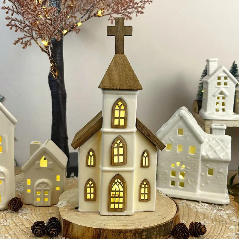 LED Ceramic Christmas Church | Light Up Ceramic & Wood Chapel Ornament - 23cm