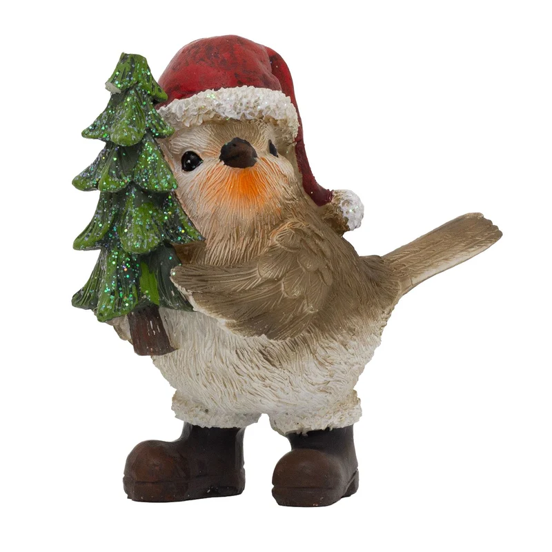 Robin Holding Tree Christmas Ornament | Festive Robin in Santa Hat Figurine 13cm