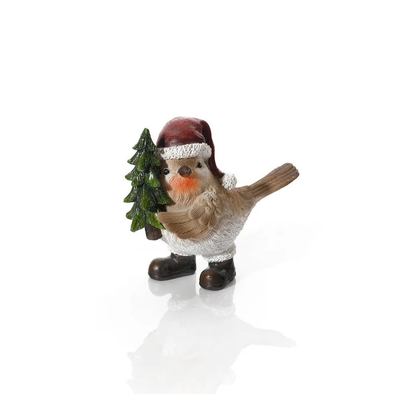 Robin Holding Tree Christmas Ornament | Festive Robin in Santa Hat Figurine 13cm
