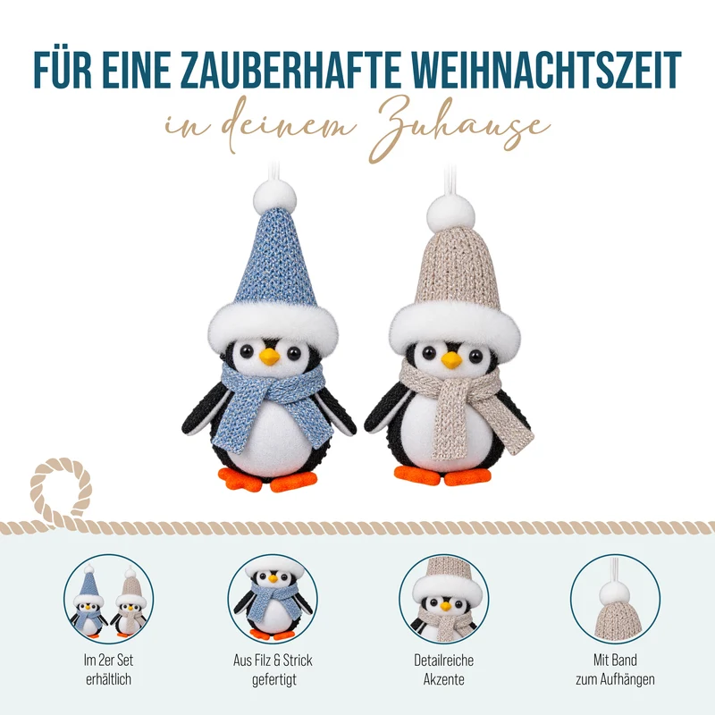 2er Set Pinguin Anhänger Stoff mit Strickmütze und Schal
