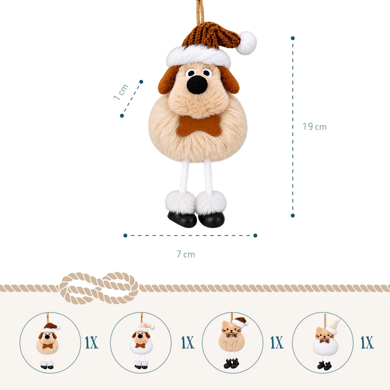 4er Set Plüsch Anhänger Hund und Katze 18-20 cm Beige Weiß