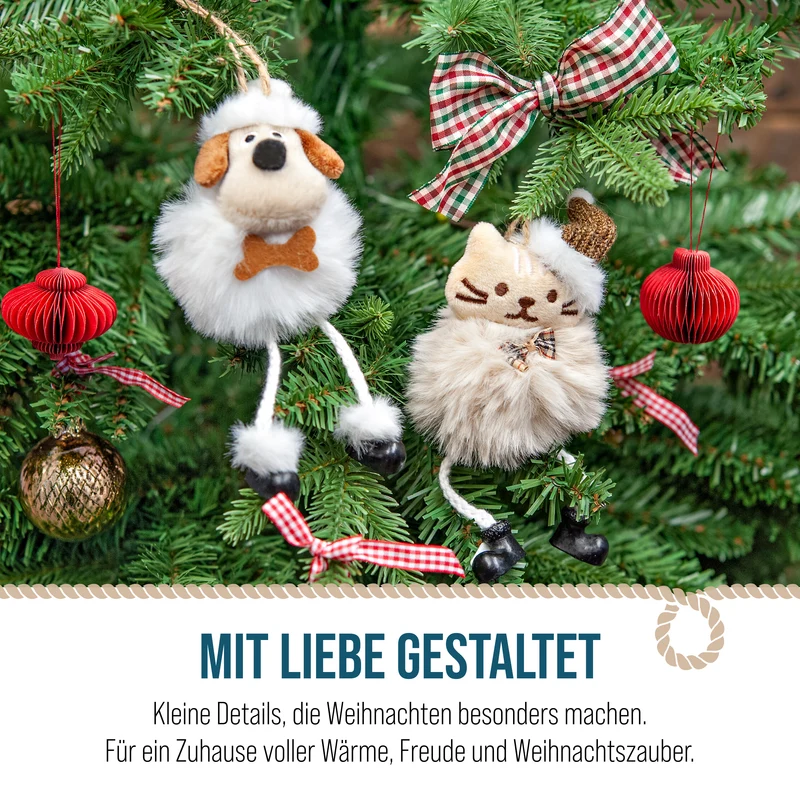 4er Set Plüsch Anhänger Hund und Katze 18-20 cm Beige Weiß