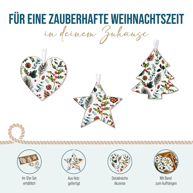 12er Set Holz Anhänger Stern Herz Baum 8 cm Weiß Grün in Geschenkbox