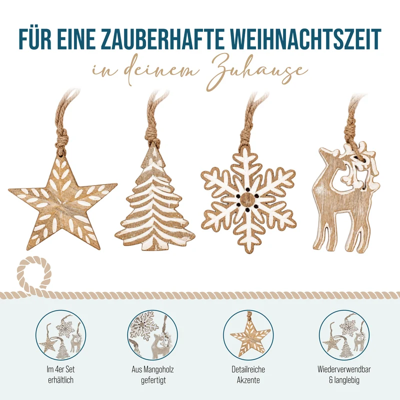4er Set Mangoholz Anhänger Stern Baum Hirsch Schneeflocke 13 cm