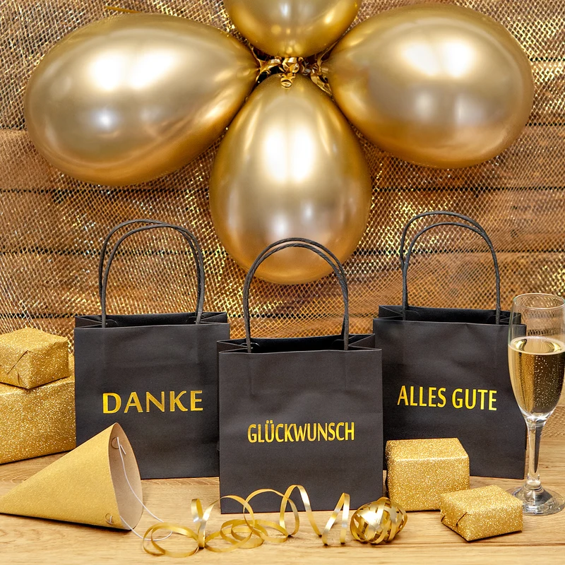 Geschenktüten 3er Set Schwarz mit Goldschrift – DANKE, ALLES GUTE, GLÜCKWUNSCH