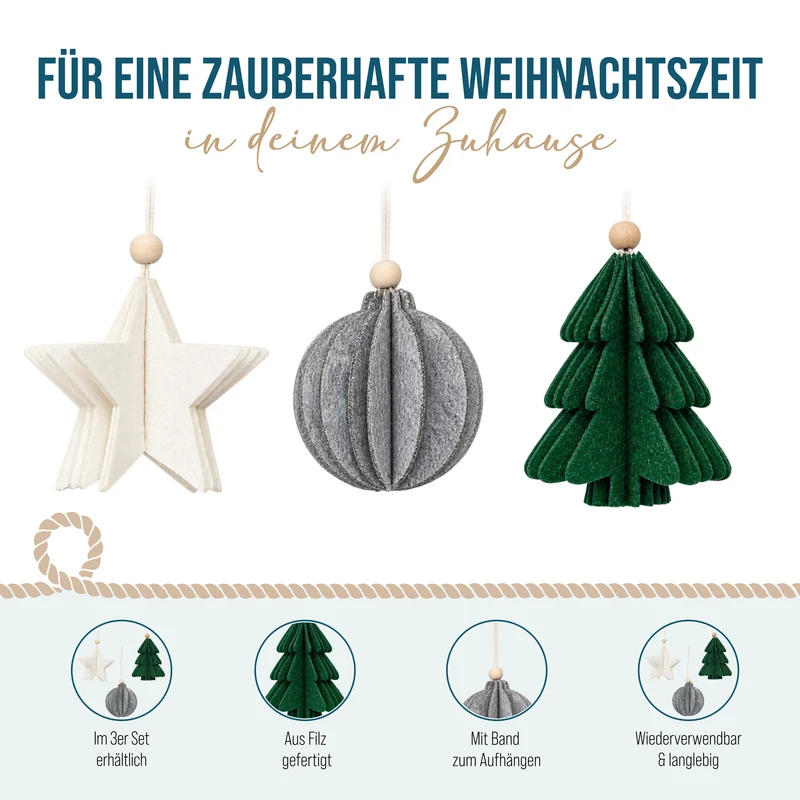 3er Set Filz Anhänger 3D Stern Baum Kugel ca. 7,5 cm grün grau