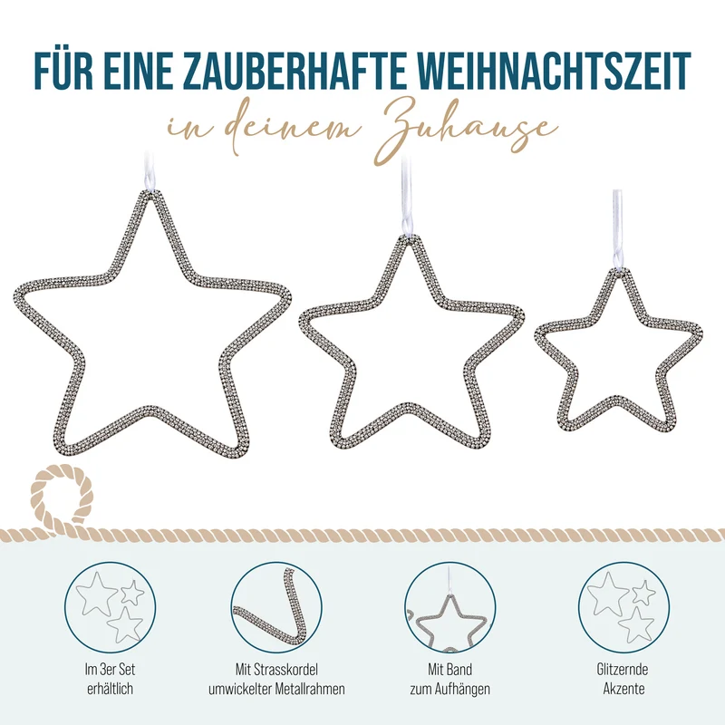 3er Set Sterne Anhänger Metall Strass ca. 13, 20 und 24 cm