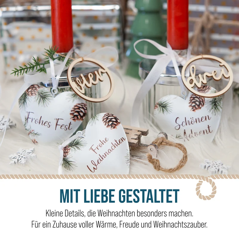 3er Set Herz Anhänger Metall Weihnachtsgruß ca. 6,5 cm weiß