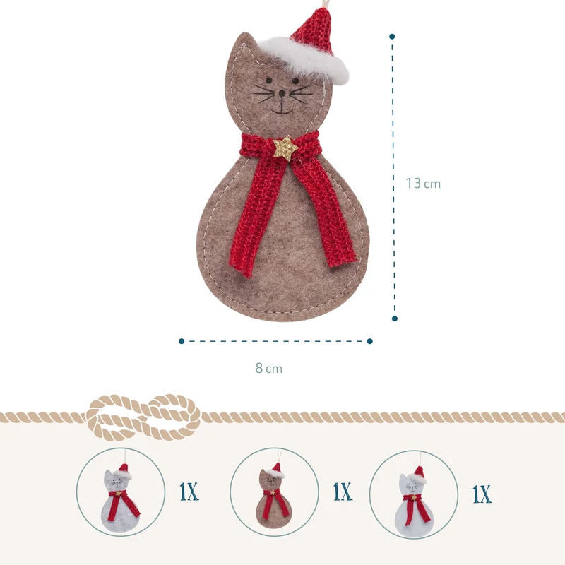 3er Set Katzen Christbaumschmuck Filz ca. 13 cm rot grau