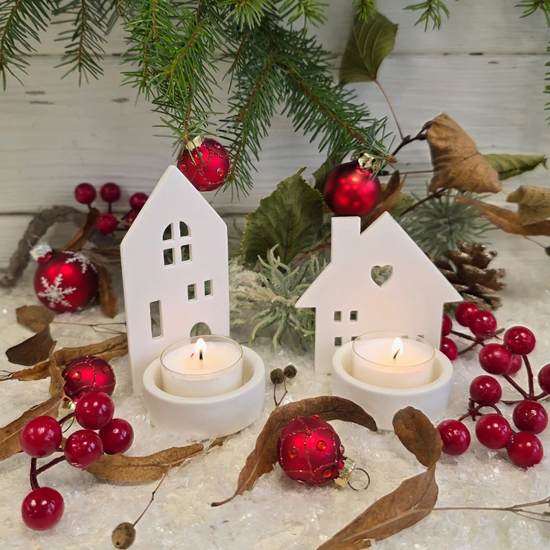 Teelichthalter Haus 2er Set aus Porzellan, Weiß, 9 cm – Skandi-Weihnachtsdeko Windlichter in Hausform
