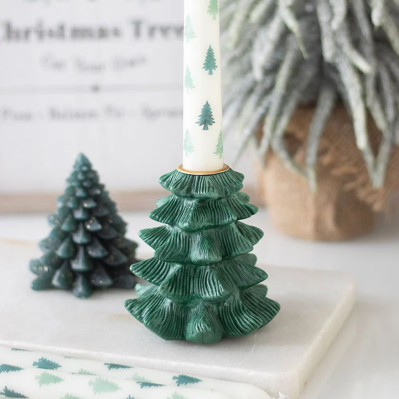 Green Fir Tree Candle Holder with Taper Candle | Festive Christmas Centrepiece