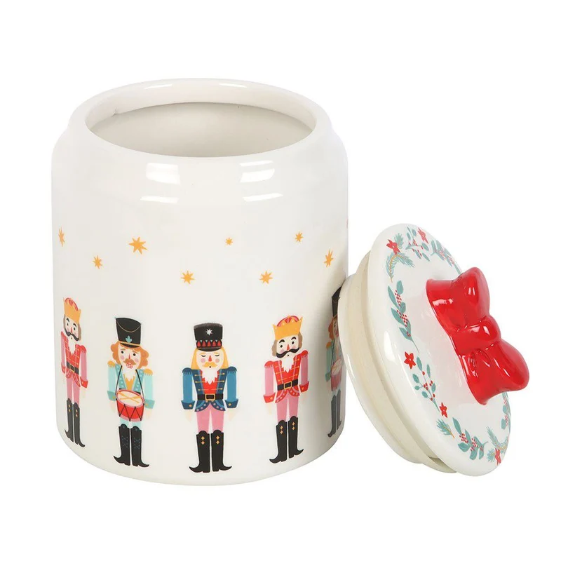 Ceramic Nutcracker Christmas Jar with Red Bow Lid | Festive Biscuit Barrel 15cm