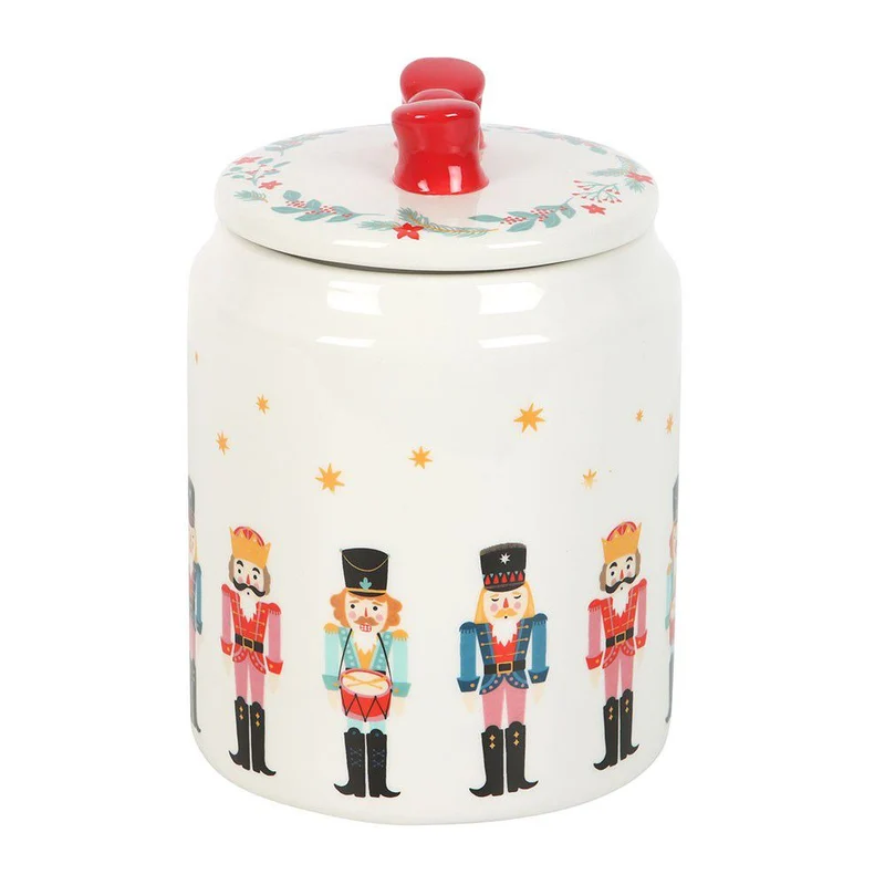 Ceramic Nutcracker Christmas Jar with Red Bow Lid | Festive Biscuit Barrel 15cm