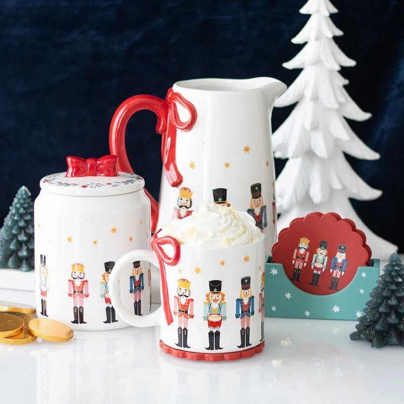 Ceramic Nutcracker Christmas Jar with Red Bow Lid | Festive Biscuit Barrel 15cm