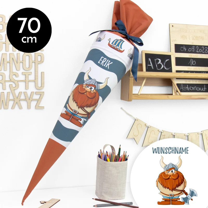 Schultüte aus Baumwolle mit Wunschname - Wikinger Erik - 70 cm
