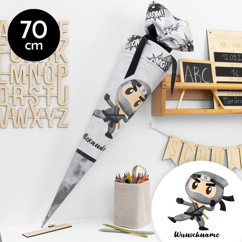 Schultüte aus Baumwolle mit Wunschname - Ninja - 70 cm