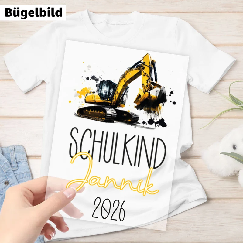 Bügelbild - Schulkind - Wunschname & Wunschjahr - Bagger