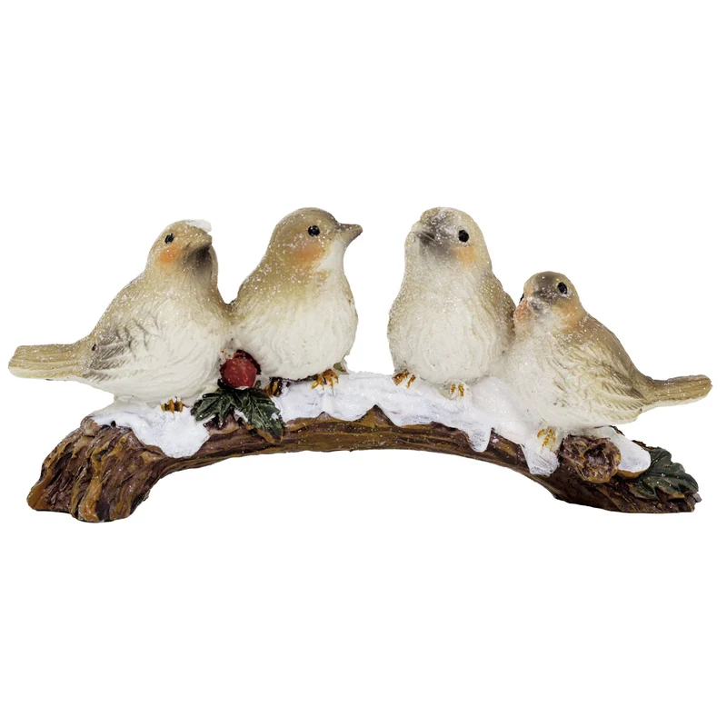 Festive Snowbirds on a Branch | 4 Bird Christmas Wildlife Ornament Figurine