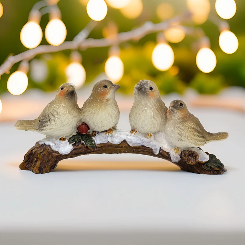 Festive Snowbirds on a Branch | 4 Bird Christmas Wildlife Ornament Figurine