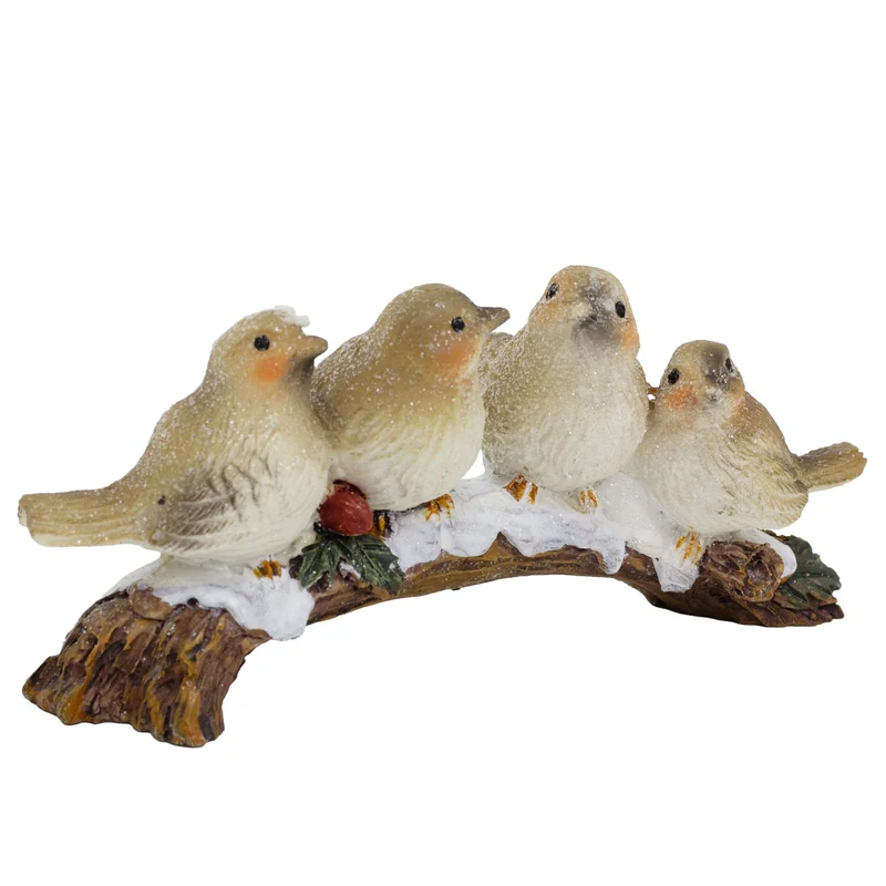 Festive Snowbirds on a Branch | 4 Bird Christmas Wildlife Ornament Figurine