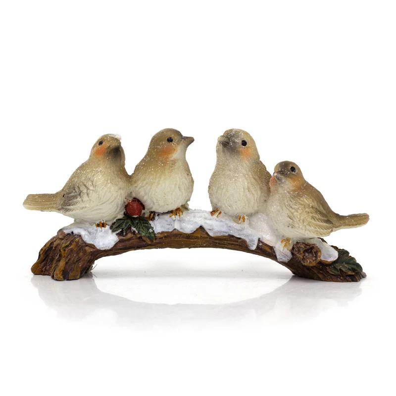 Festive Snowbirds on a Branch | 4 Bird Christmas Wildlife Ornament Figurine
