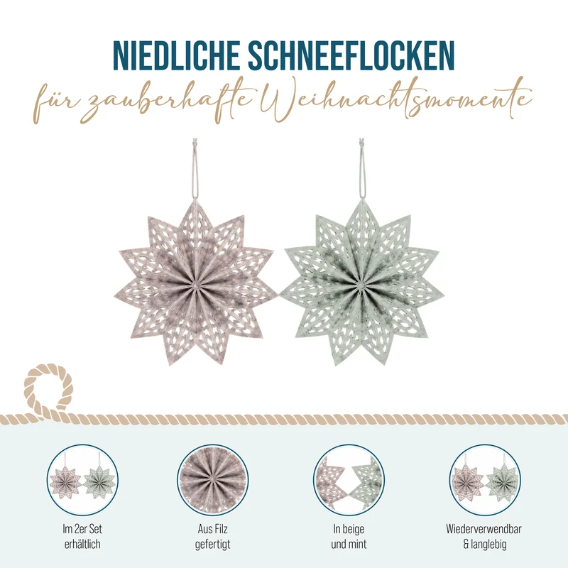 Filz Sterne 2er Set 25 cm – Altrosa-Beige und Salbeigrün als Fensterdeko