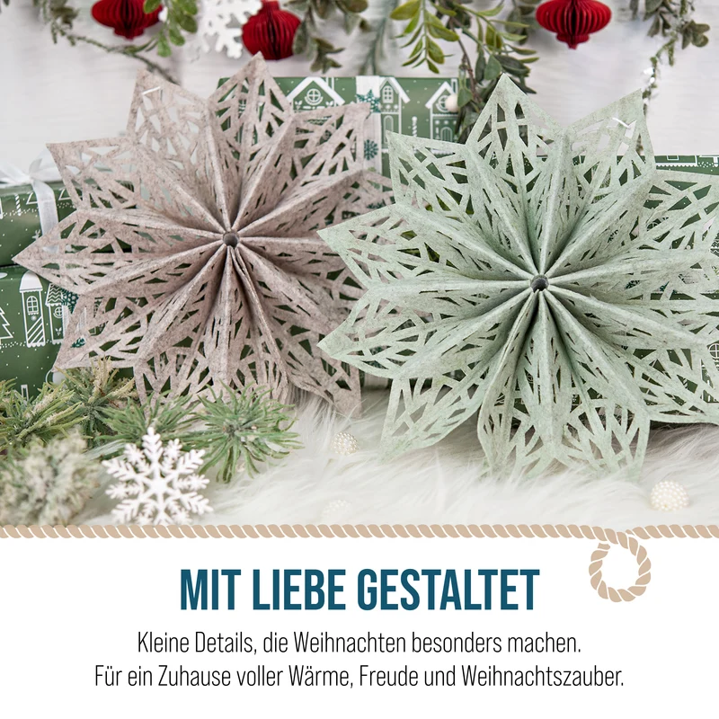 Filz Sterne 2er Set 25 cm – Altrosa-Beige und Salbeigrün als Fensterdeko