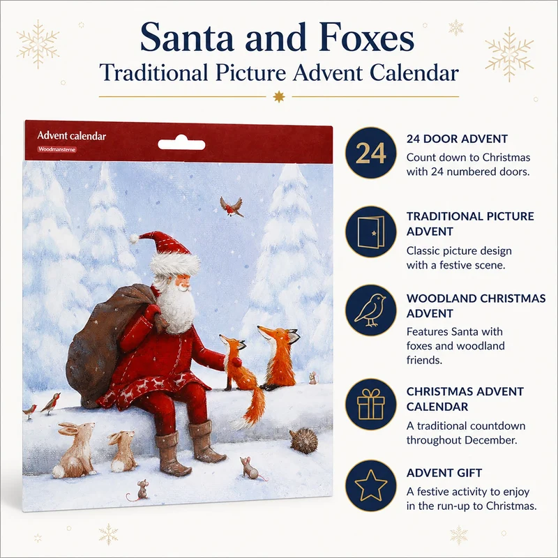 Santa and Foxes Traditional Picture Christmas Advent Calendar, 21.3cm 24 Door