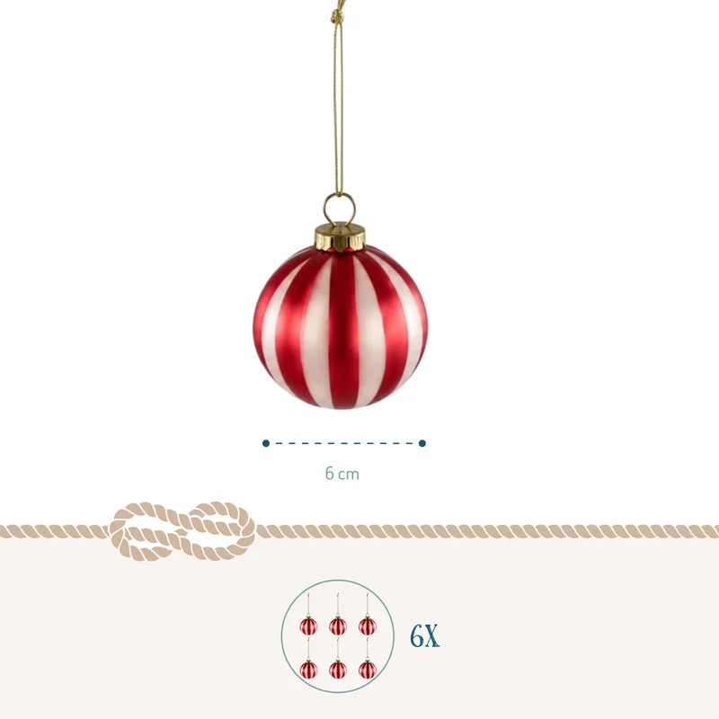 Christbaumkugeln 6er Set aus Glas – Candy Stripe in Rot und Weiß, 6 cm
