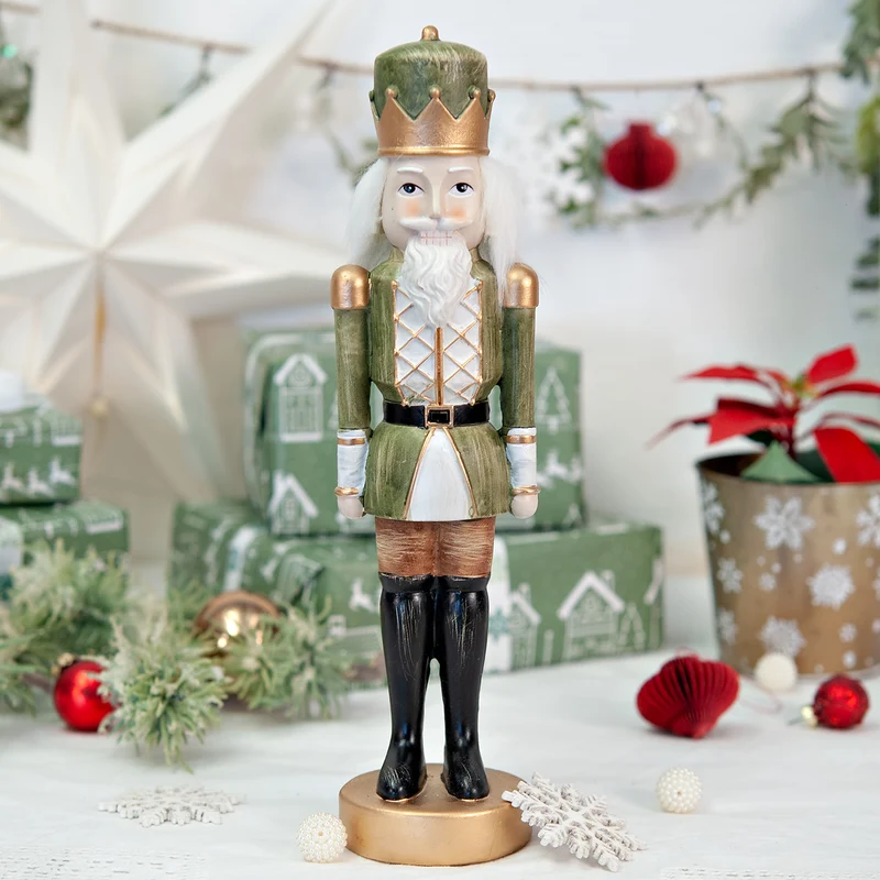 Nussknacker Figur 30 cm aus Polyresin – Grün mit Krone und Bart