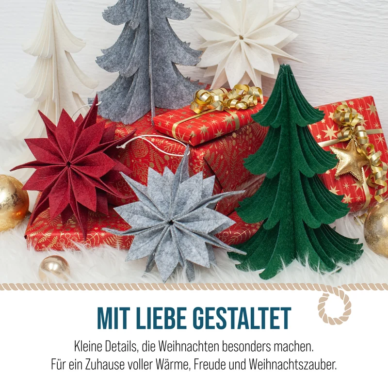 3er Set Filzsterne zum Aufhängen – Rot, Grau und Weiß, 15 cm