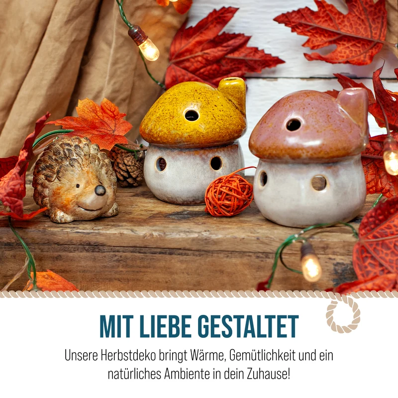 Pilz Windlichter 2er Set aus Steingut – Gelb & Braun