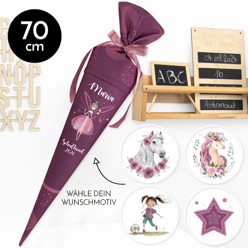Deine Schultüte aus Stoff mit Wunschname - Mädchen Modell 6 - 70 cm