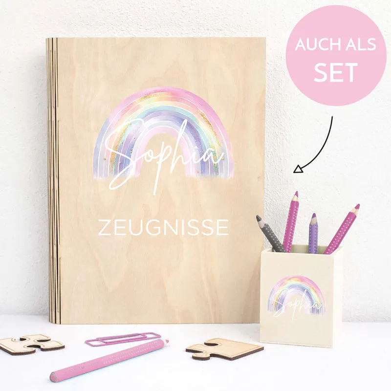 Zeugnismappe aus Holz personalisiert mit Wunschname Geschenk zur Einschulung - Pastell Regenbogen