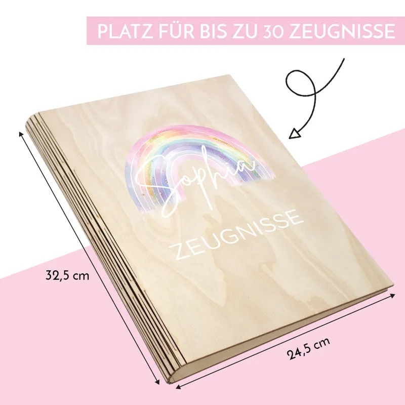 Zeugnismappe aus Holz personalisiert mit Wunschname Geschenk zur Einschulung - Pastell Regenbogen