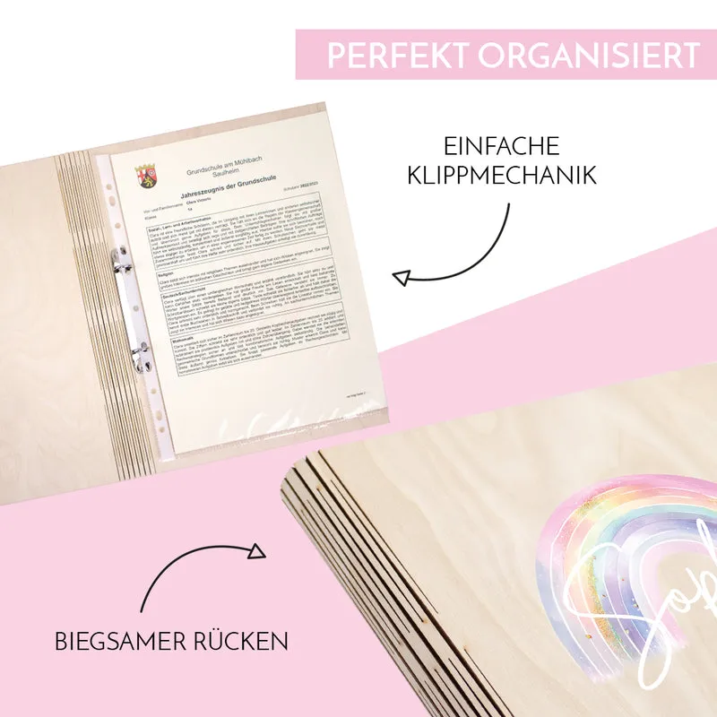 Zeugnismappe aus Holz personalisiert mit Wunschname Geschenk zur Einschulung - Pastell Regenbogen