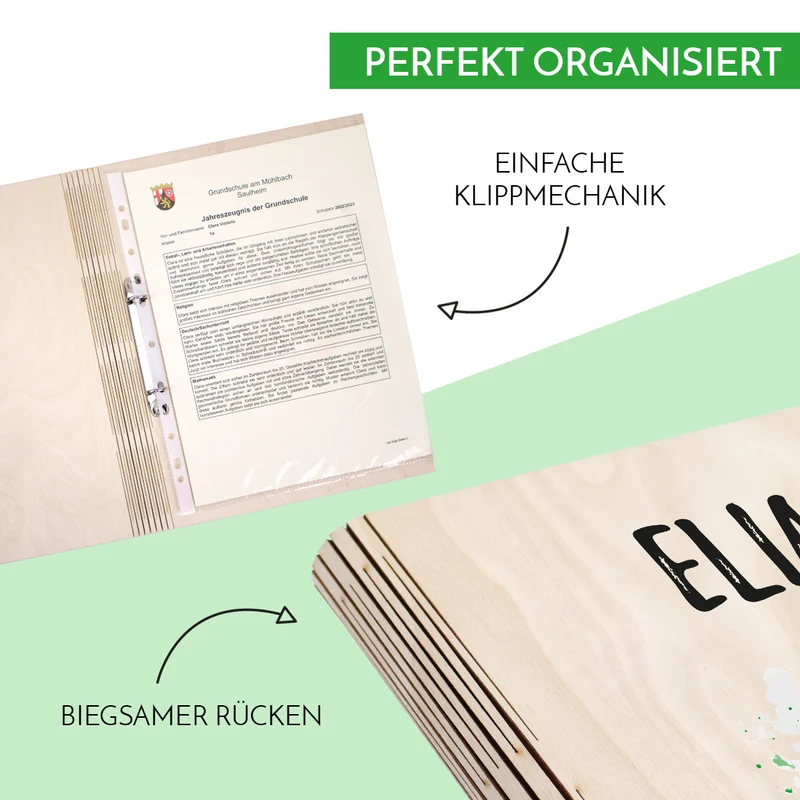 Zeugnismappe aus Holz personalisiert mit Wunschname und Wunschmotiv Geschenk zur Einschulung - Jungs