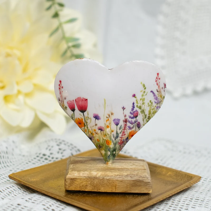 Herz-Aufsteller aus Metall & Mangoholz mit Blumenmotiv Bunt