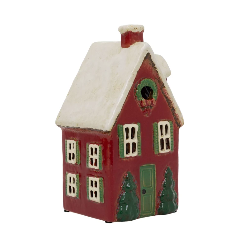 Red Ceramic Christmas House Tealight Holder | Candle Holder Cottage Ornament