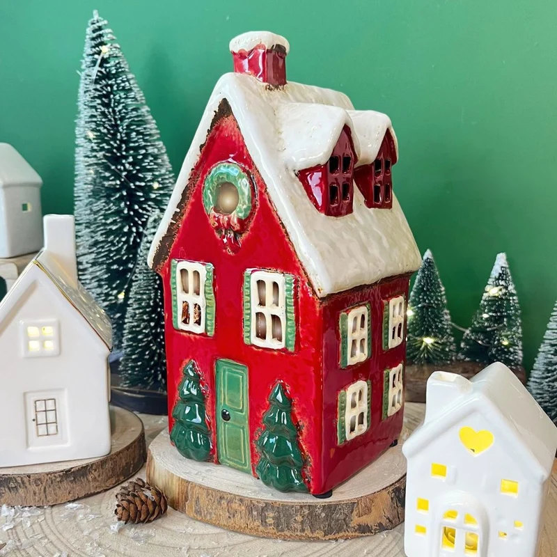 Red Ceramic Christmas House Tealight Holder | Candle Holder Cottage Ornament