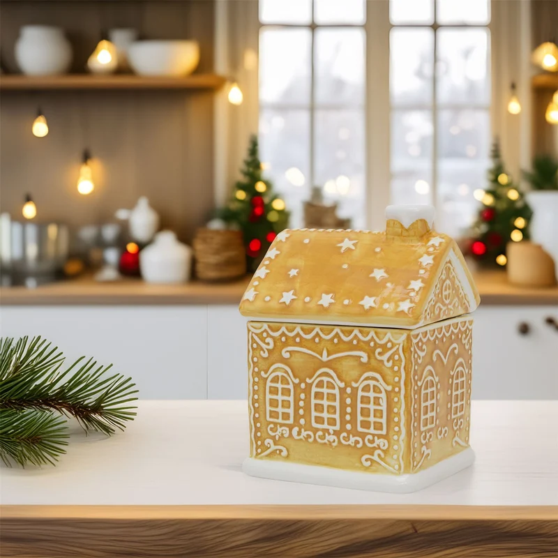 Gingerbread House Cookie Jar | Christmas Ceramic Biscuit Barrel with Lid - 23cm