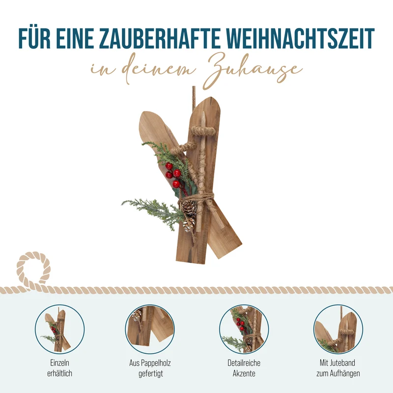Ski Weihnachtsanhänger Holz mit Juteschleife ca. 14 x 28 cm