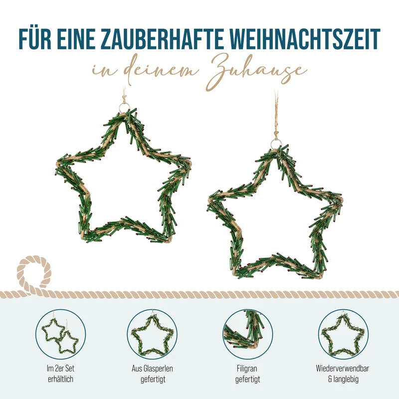 2er Set Weihnachtsanhänger Stern Glasperlen ca. 15 cm grün rot