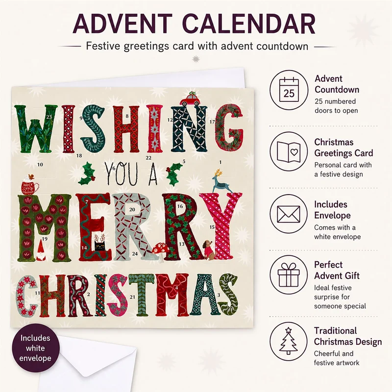 Christmas Advent Calendar Card, Merry Christmas Greetings Card with Envelope