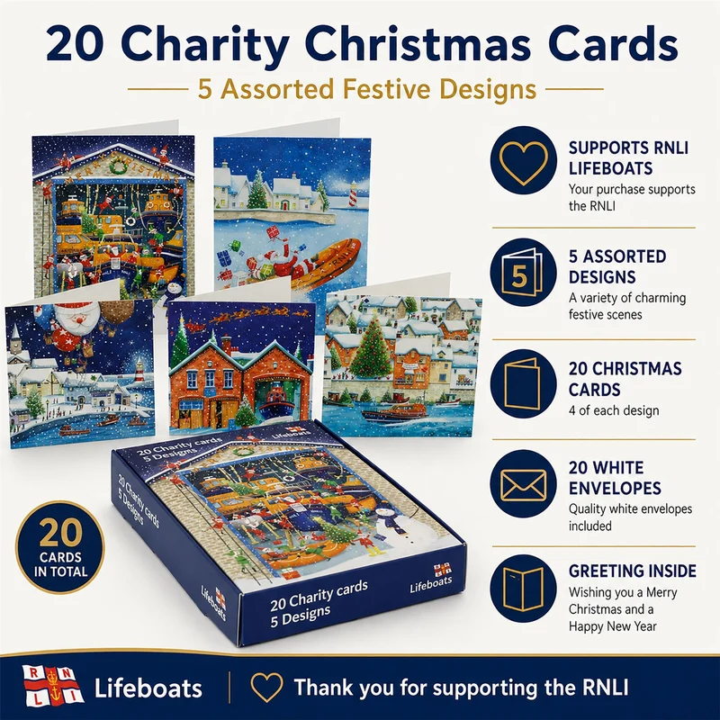 RNLI Charity Christmas Cards Box of 20 Nautical Christmas Cards with 5 Designs